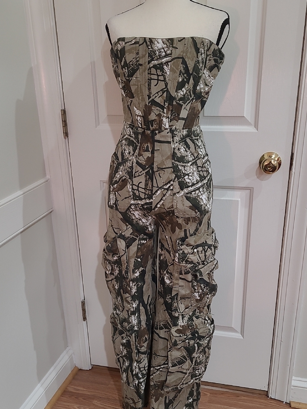 Fashion Nova Strapless Camo Utility Jumpsuit in Green/Brown